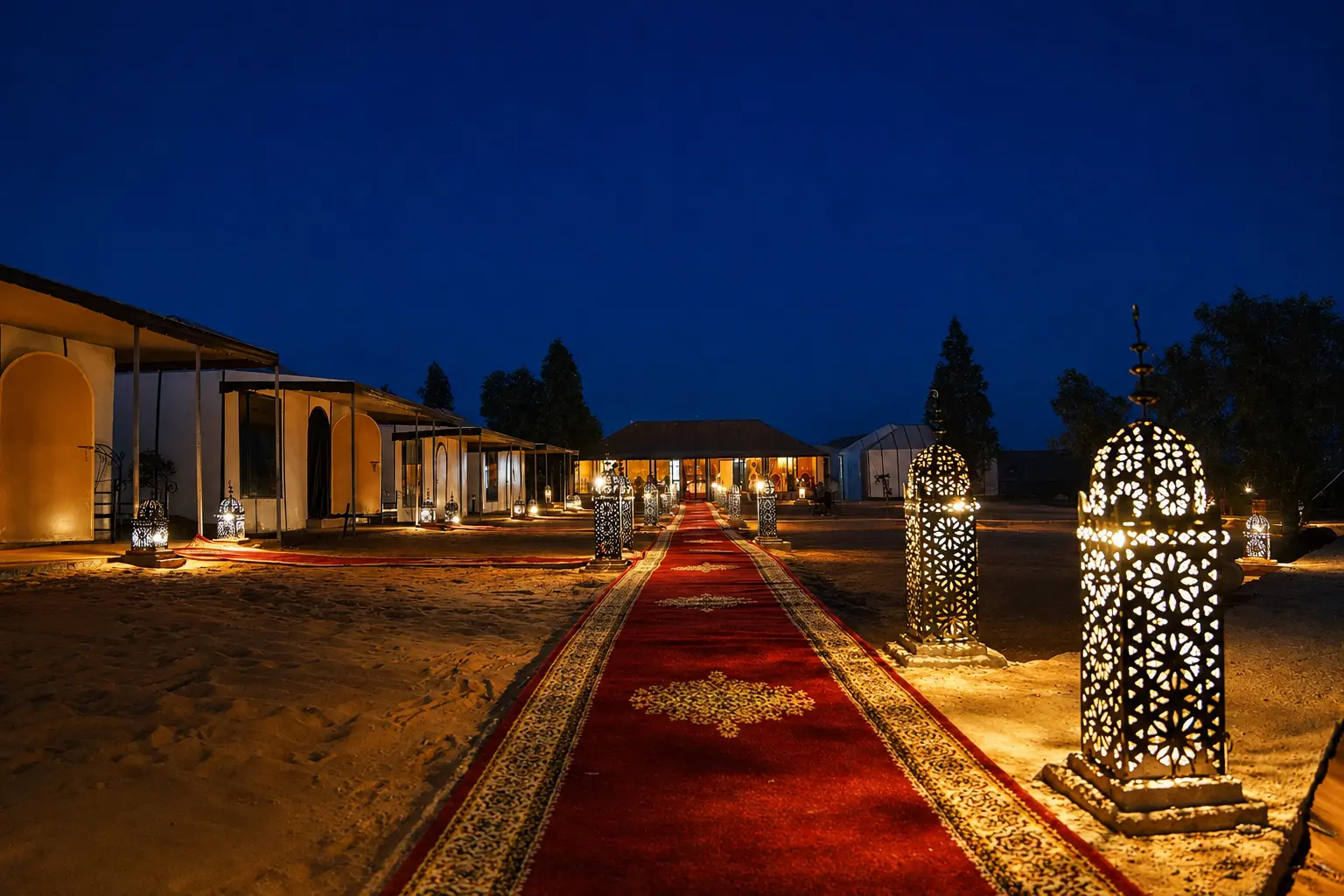 Lantern-lined red carpet pathway leading between the illuminated tents of Arabian Nights Desert Camp at night